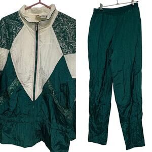 Energy Zone Vintage 80's Women's Nylon Sweatsuit Green White Jacket and Pants